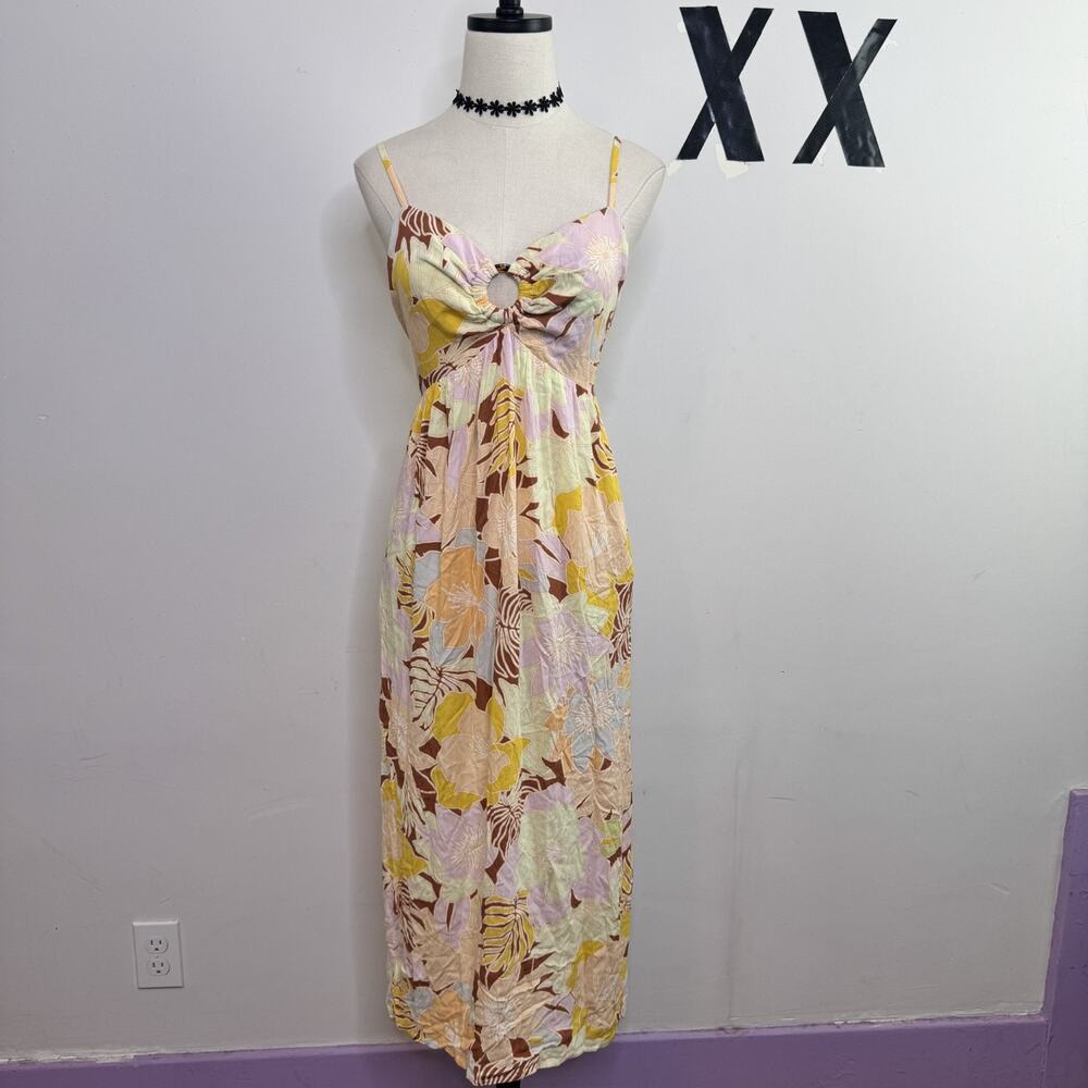 Volcom Sundress Oh Lei Floral Maxi Dress Tropical Smocked Cutout Pockets L